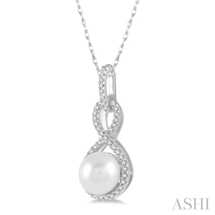 1/6 Ctw Twisted Loop 7x7mm Pearl & Round Cut Diamond Pendant With Chain in 10K White Gold