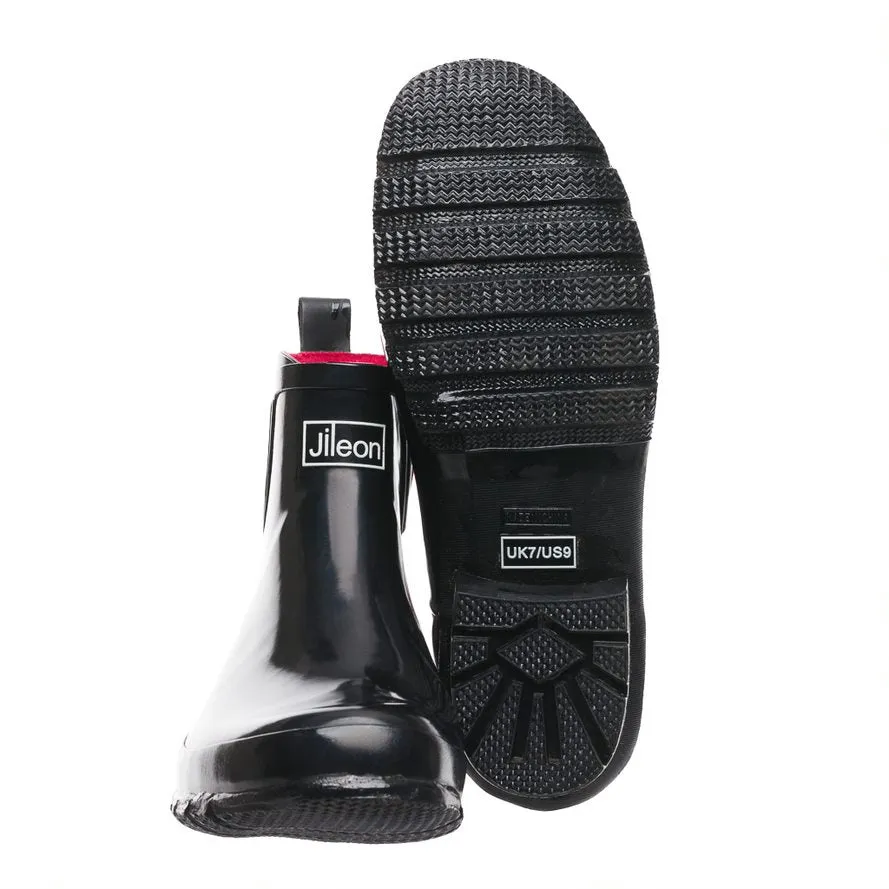 Ankle Height Rain Boots - Black Glossy - Wide Foot - Easy to Slip On