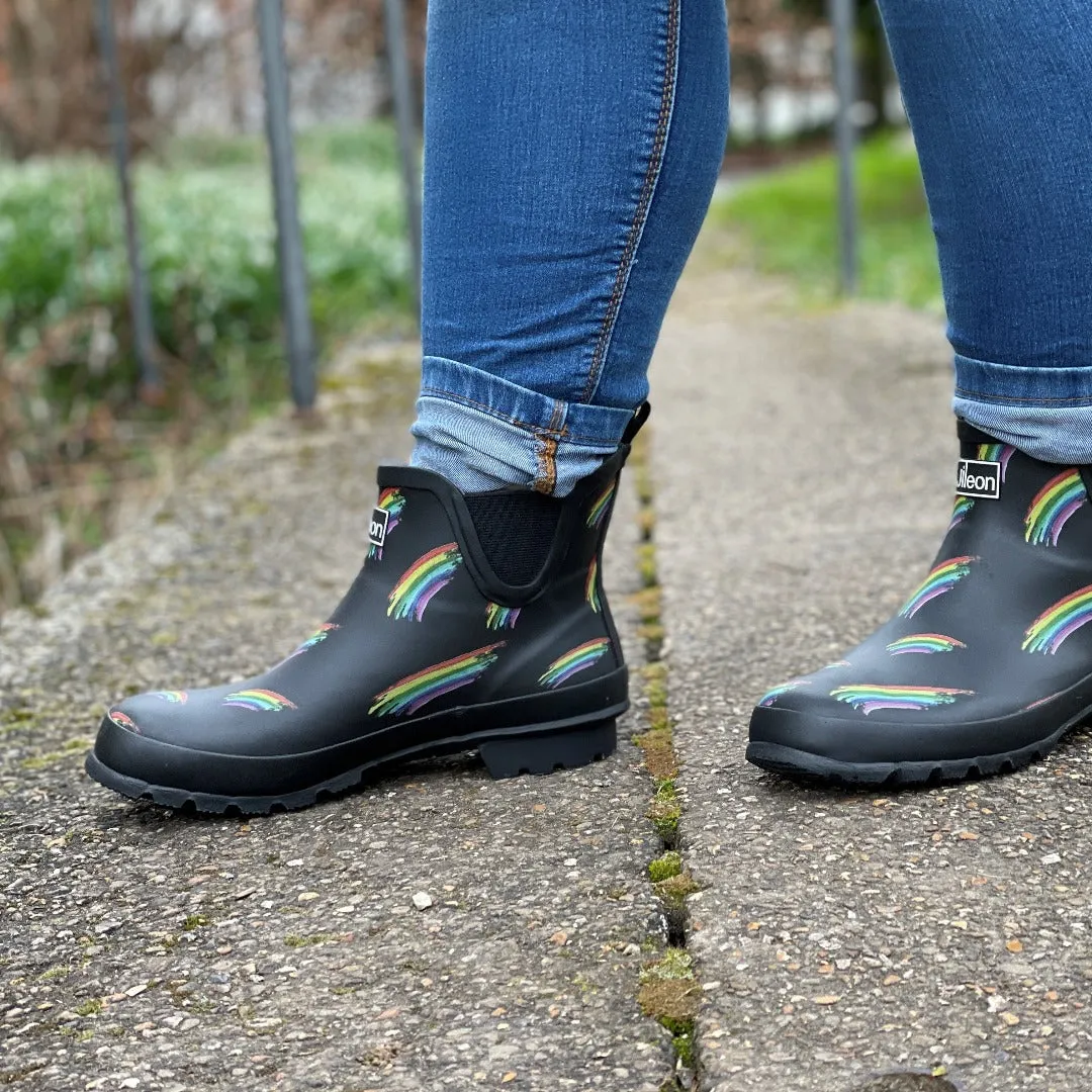 Ankle Height Rain Boots - Black Matt with Rainbows - Wide Foot - Easy to Slip On