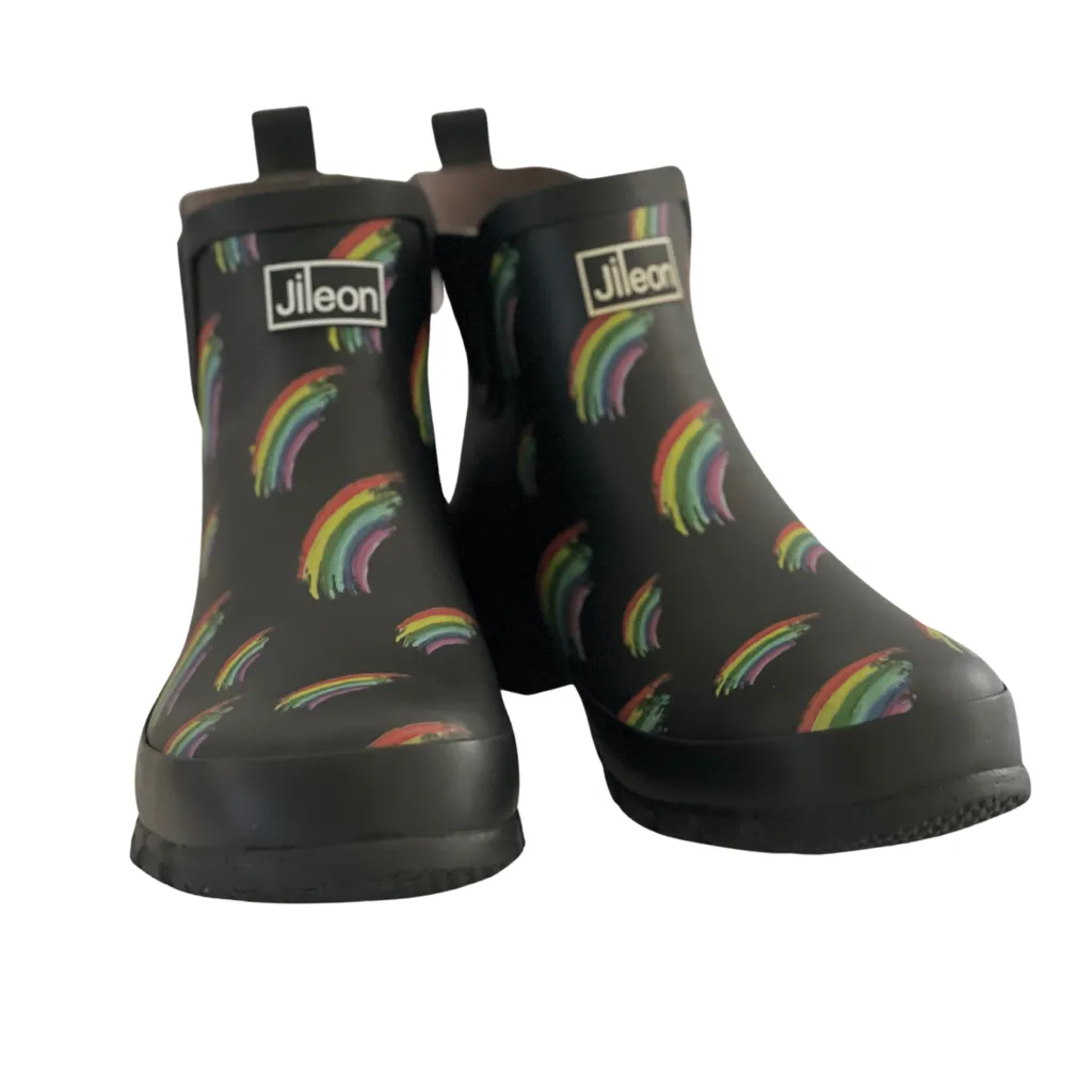 Ankle Height Rain Boots - Black Matt with Rainbows - Wide Foot - Easy to Slip On