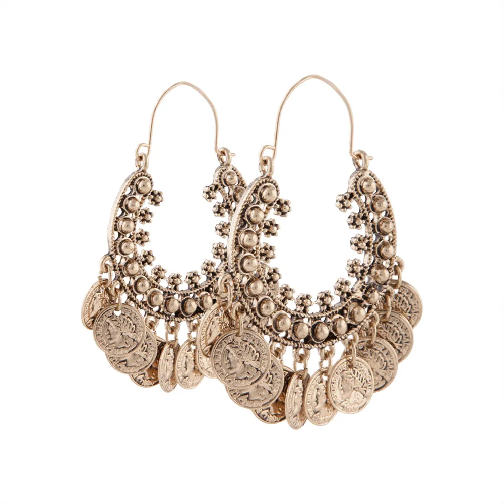 Antique Gold Coin Hoop Earrings