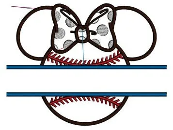 Baseball with bow what looks like Minnie Mouse Ears Applique Split Machine Embroidery Digitized Pattern- Instant Download - 4x4 ,5x7,6x10