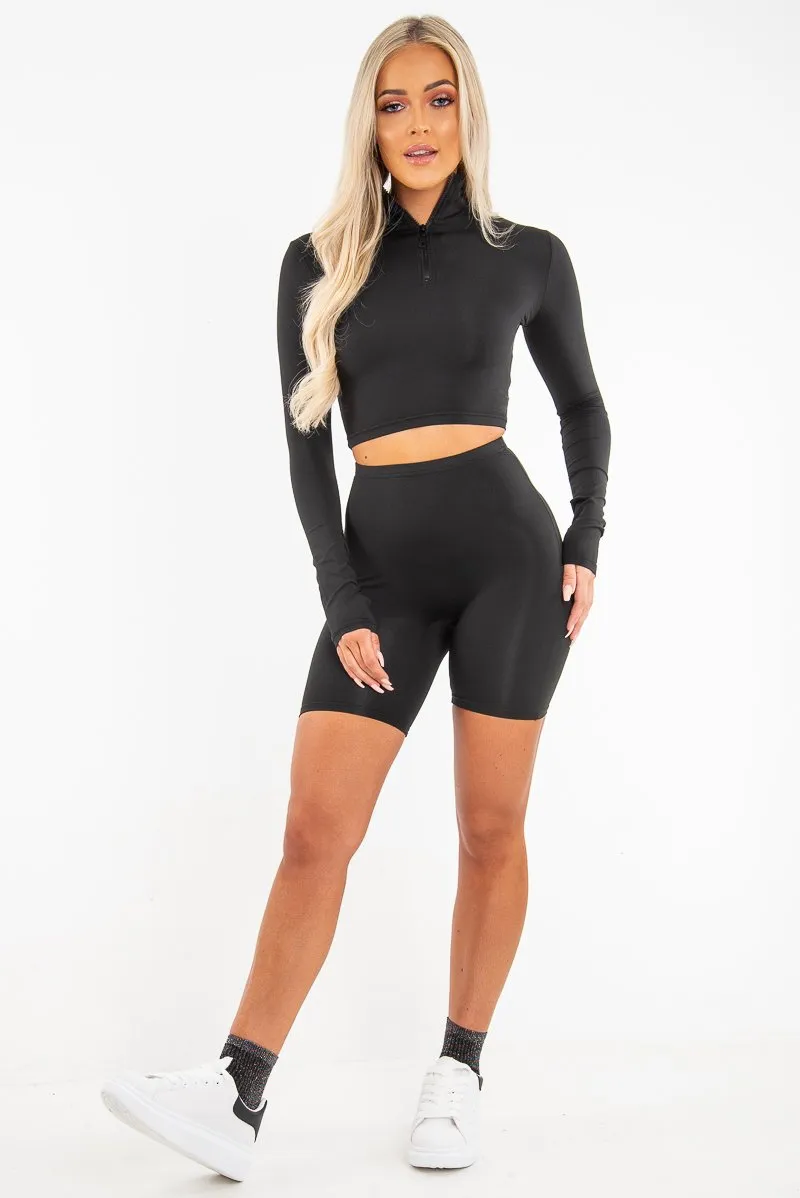 Black Crop Top Cycling Shorts Co-Ord - Cleo