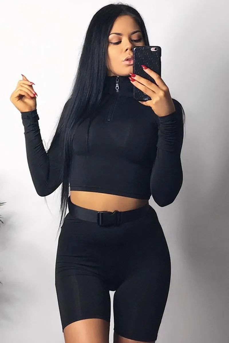 Black Crop Top Cycling Shorts Co-Ord - Cleo