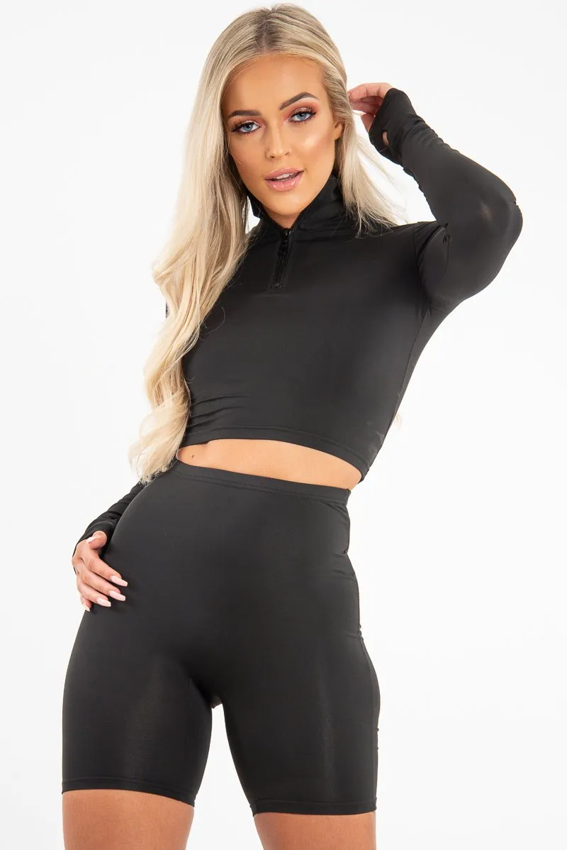 Black Crop Top Cycling Shorts Co-Ord - Cleo