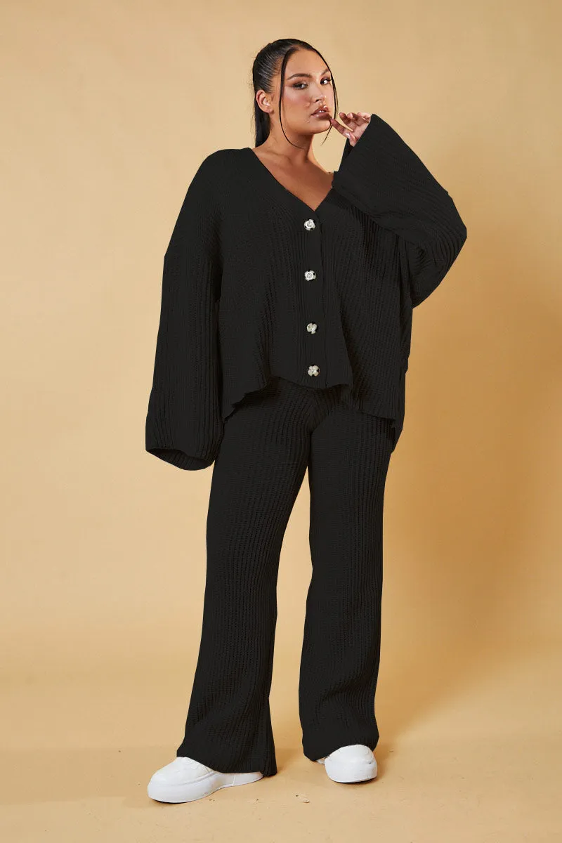 Black Knit Button Up Top & Flared Leg Trouser Co-ord Set - Ellan