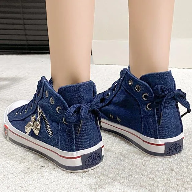 Blue denim skull canvas shoes lace-up