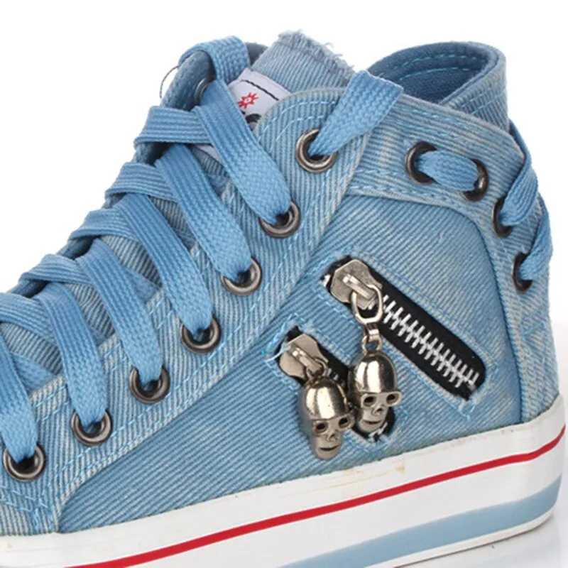 Blue denim skull canvas shoes lace-up