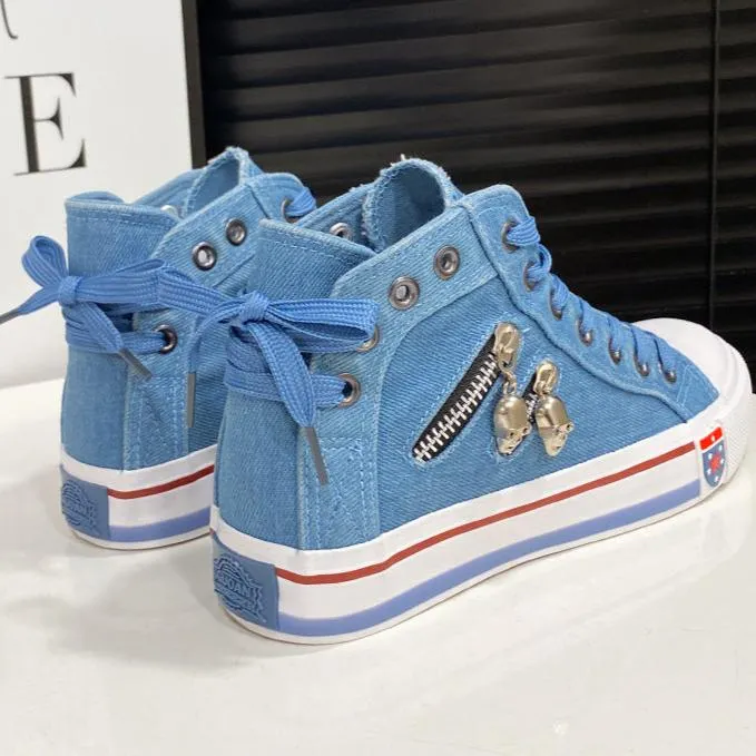 Blue denim skull canvas shoes lace-up