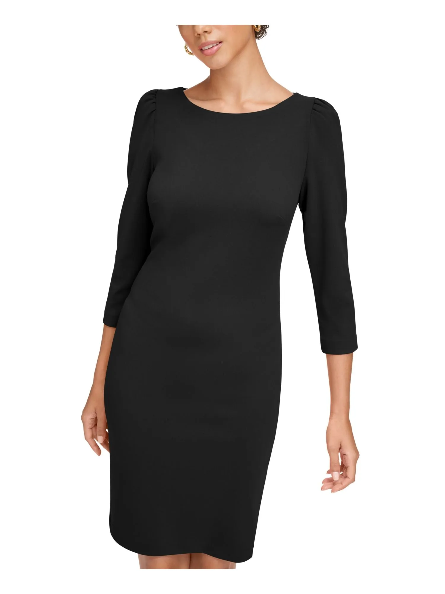 CALVIN KLEIN Womens Black Zippered 3/4 Sleeve Boat Neck Above The Knee Wear To Work Sheath Dress