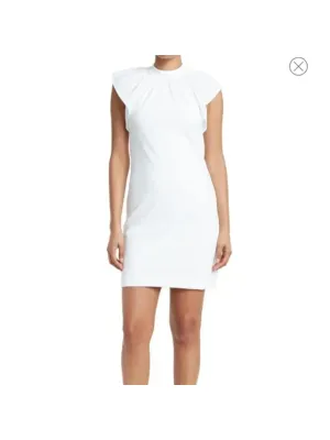 CALVIN KLEIN Womens Ivory Stretch Ruched Zippered Ruffle Cap Sleeves Mock Neck Above The Knee Wear To Work Sheath Dress