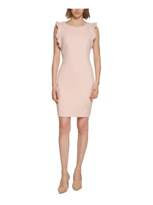 CALVIN KLEIN Womens Pink Zippered Ruffle-sleeve Crew Neck Short Party Sheath Dress