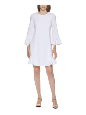 CALVIN KLEIN Womens White Ruffled Zippered Lined Princess Seams Bell Sleeve Round Neck Above The Knee Wear To Work Fit   Flare Dress