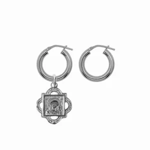 Chunky Hoop Earrings with Quatrefoil Pendant - Silver