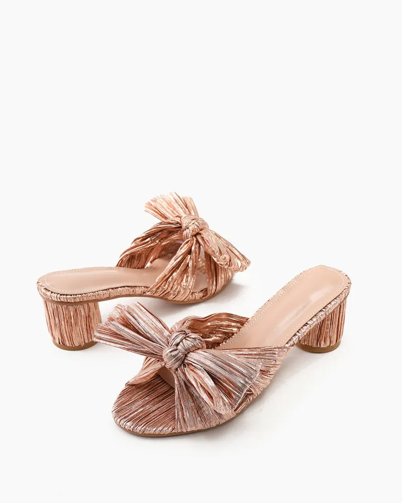 (Clean Up) Pleated Bow Open Toe Chunky Block Heel Sandals