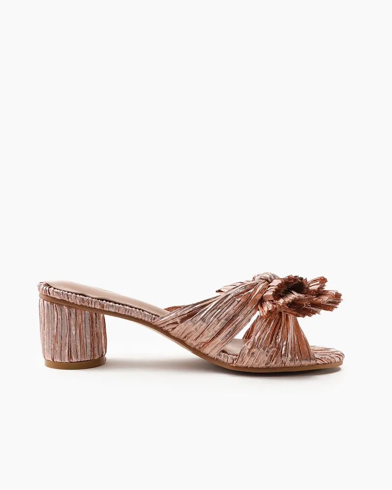 (Clean Up) Pleated Bow Open Toe Chunky Block Heel Sandals