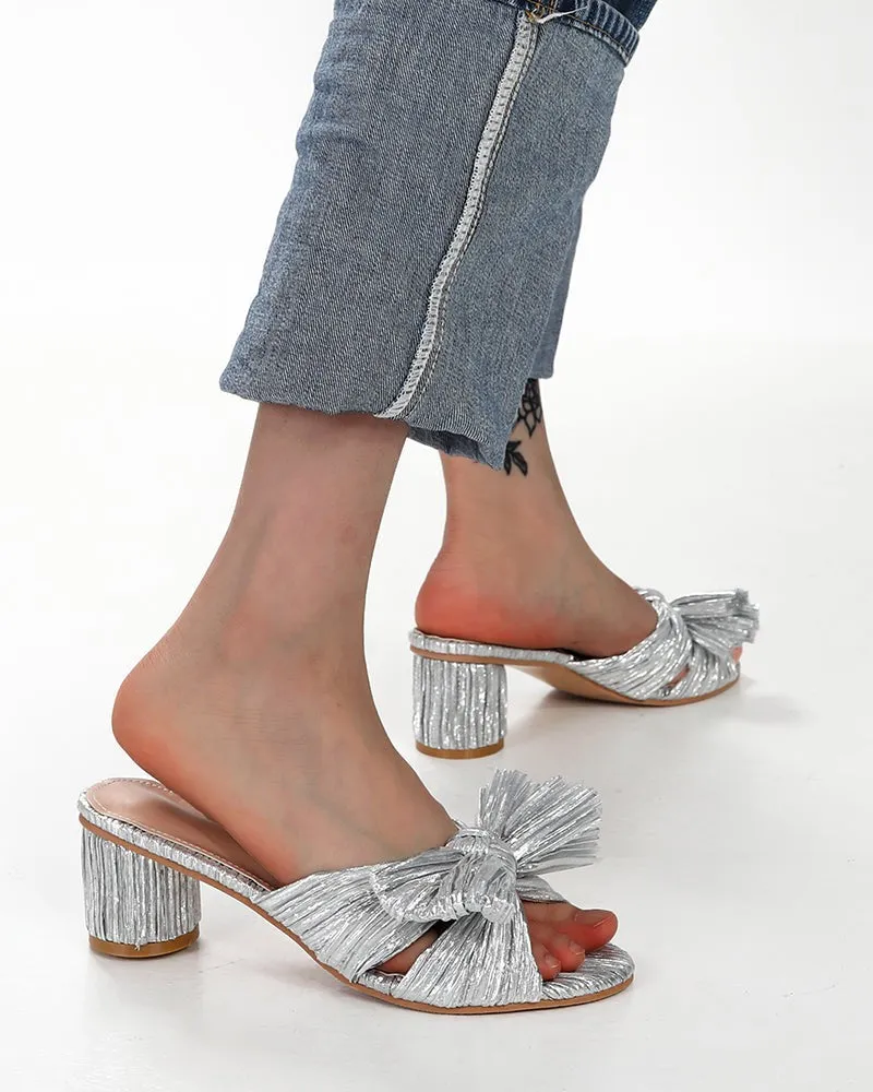 (Clean Up) Pleated Bow Open Toe Chunky Block Heel Sandals