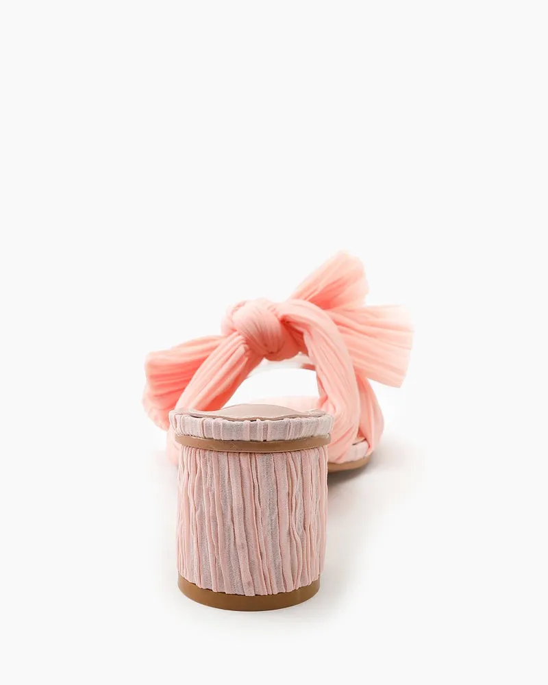 (Clean Up) Pleated Bow Open Toe Chunky Block Heel Sandals