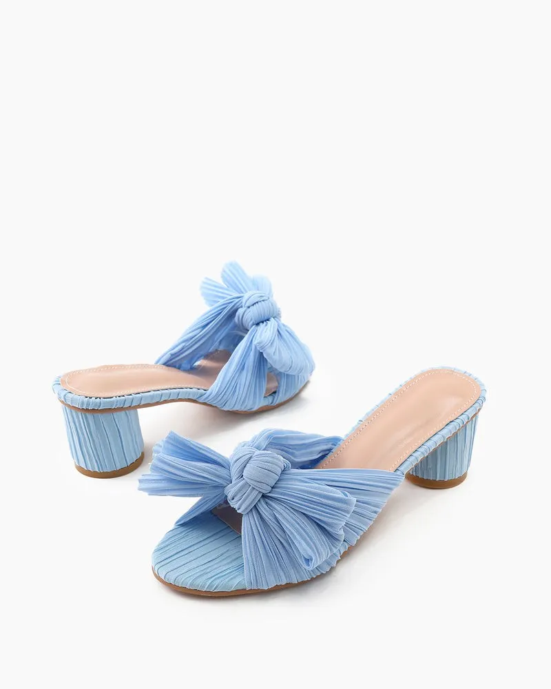 (Clean Up) Pleated Bow Open Toe Chunky Block Heel Sandals