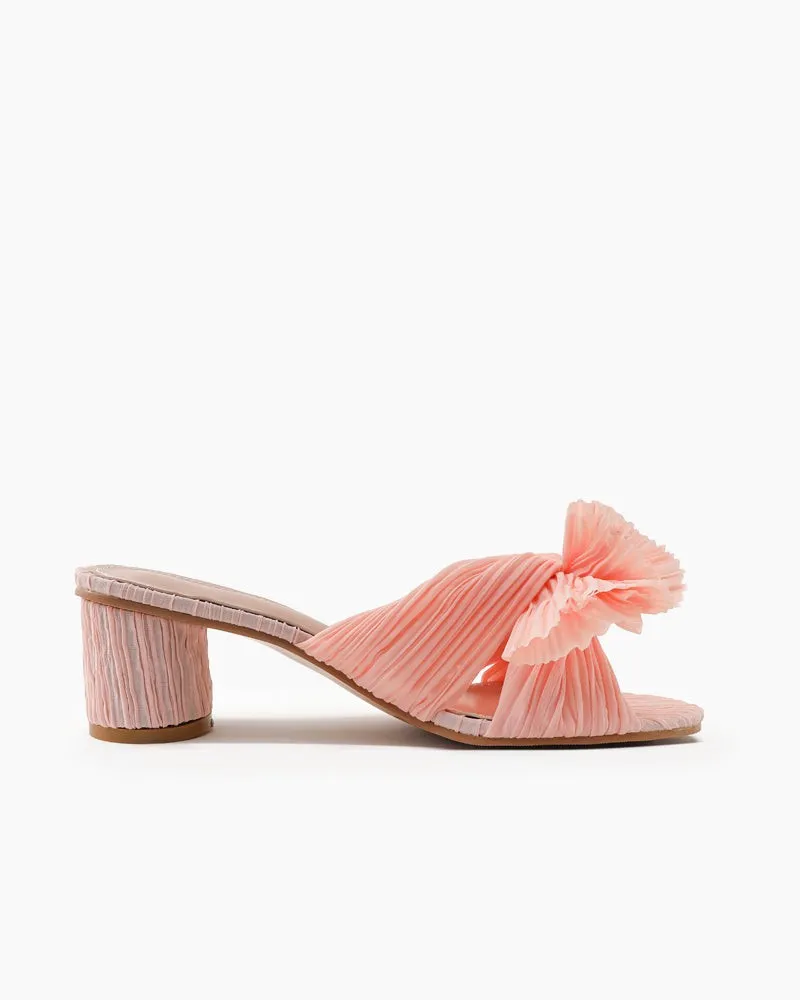 (Clean Up) Pleated Bow Open Toe Chunky Block Heel Sandals