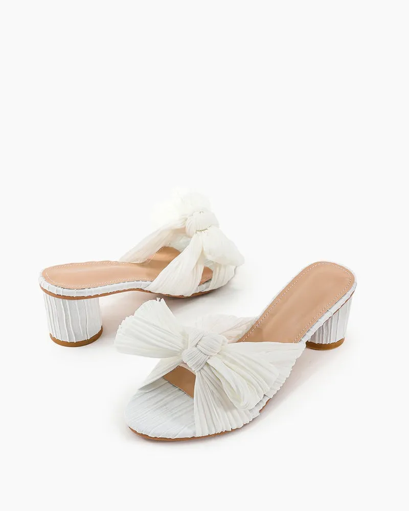 (Clean Up) Pleated Bow Open Toe Chunky Block Heel Sandals