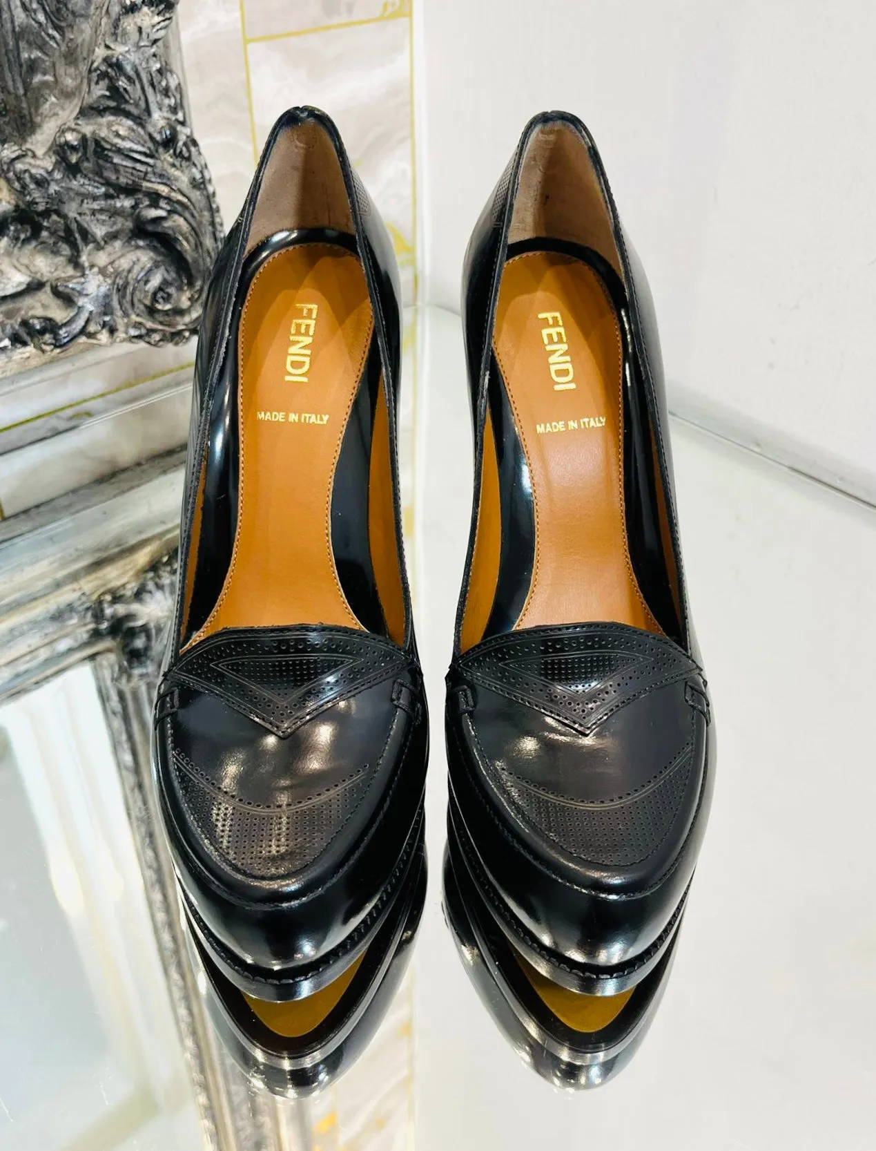 Fendi Leather Loafer Block Heel Pumps. Size 37