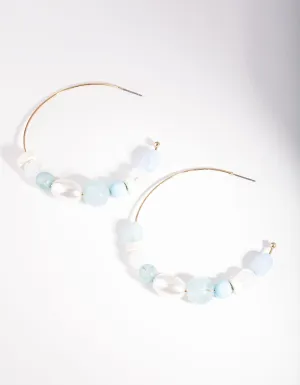 Gold Ocean Blue Beaded Hoop Earring