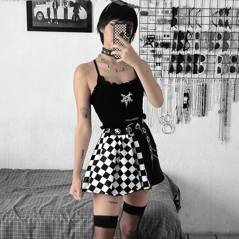 Goth Black Pleated Mini Skirt with Chain High Waisted Tennis Skirt