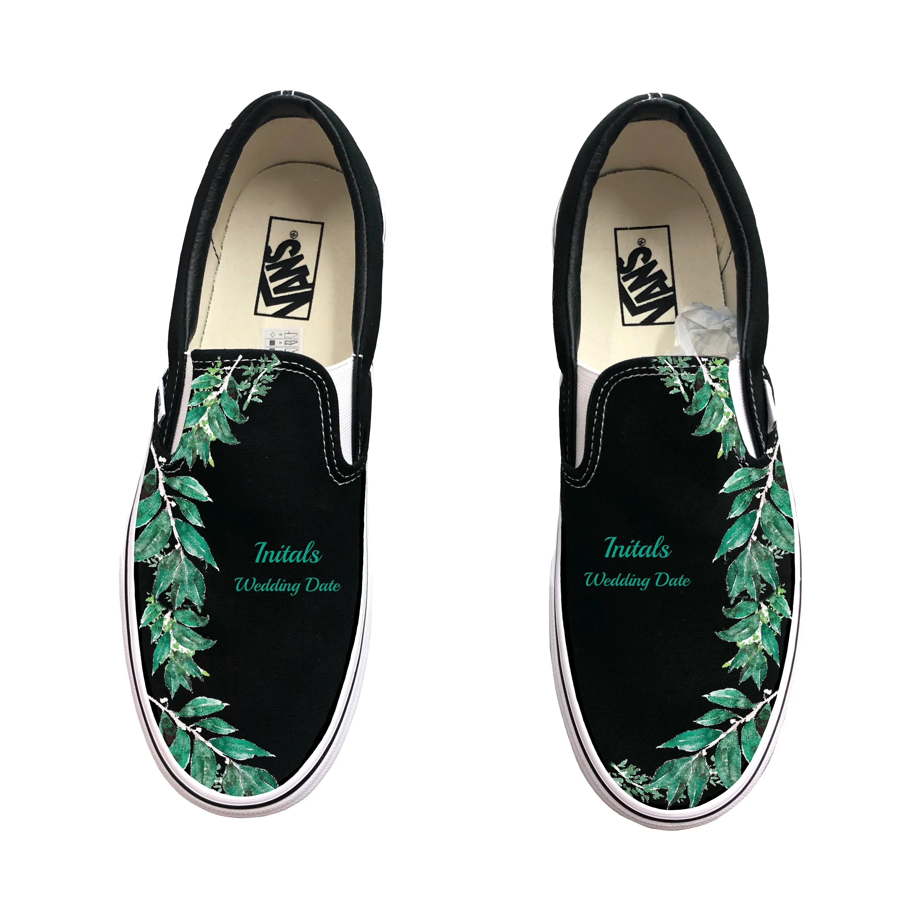 Green Leaves Black Wedding Vans Slip On Shoes for Groom