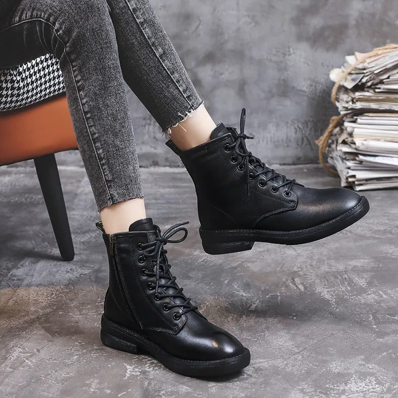 Handmade Classic Martin Boots Women Genuine Leather Lace-Up Oxfords Round Toe Chunky Ankle Booties Black/Brown/Off White