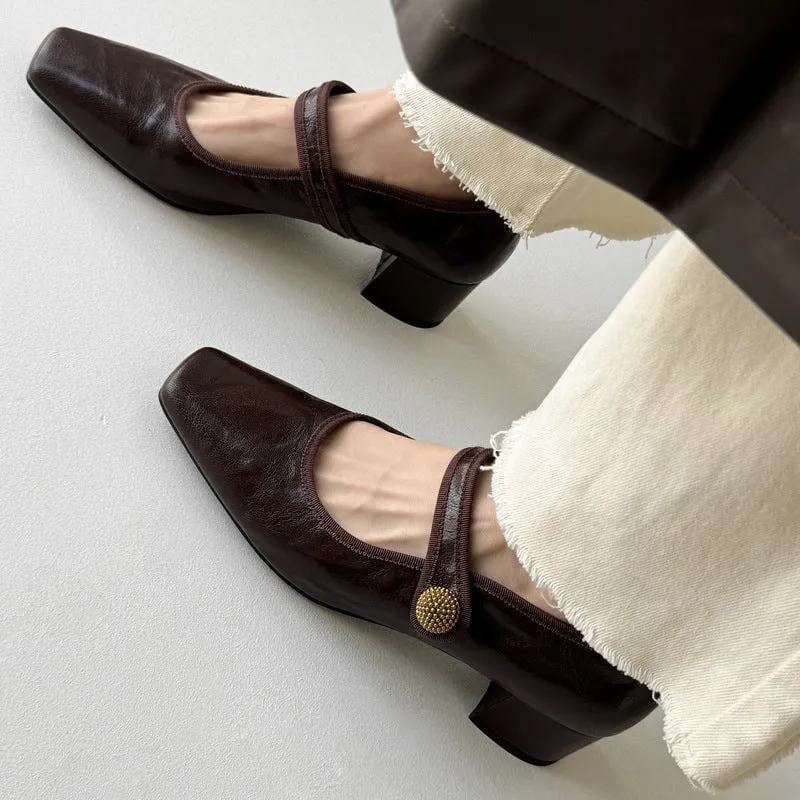 Handmade Leather Strappy Mary Jane Pumps with Gold Buckle Block Heel in Brown/Black