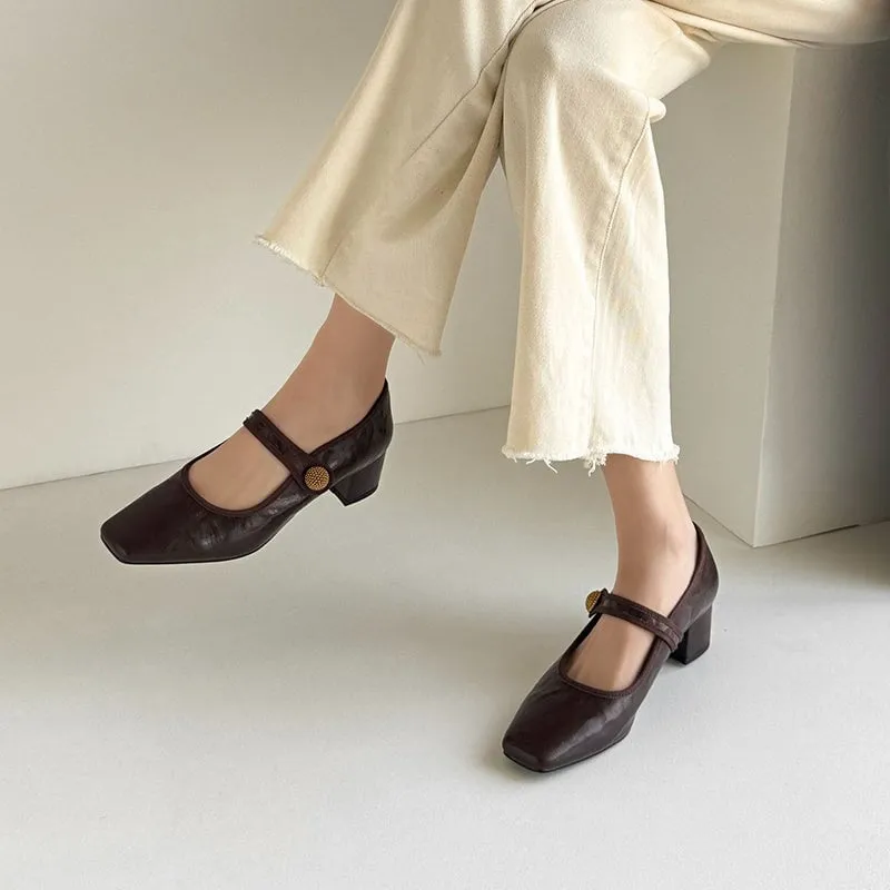 Handmade Leather Strappy Mary Jane Pumps with Gold Buckle Block Heel in Brown/Black