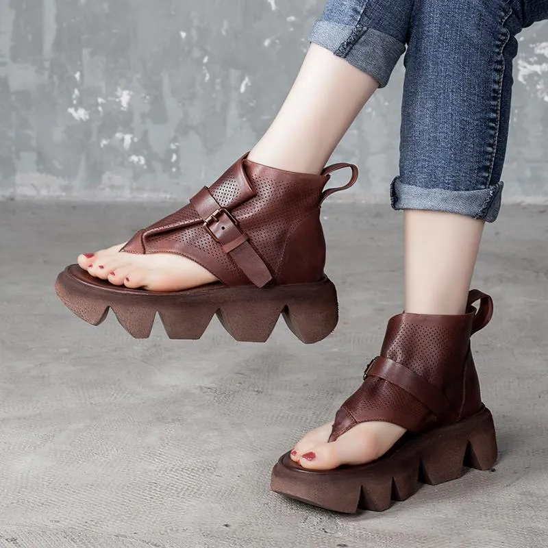 Handmade Retro Leather Platform Sandals Buckle Strap Ladies Summer Shoes