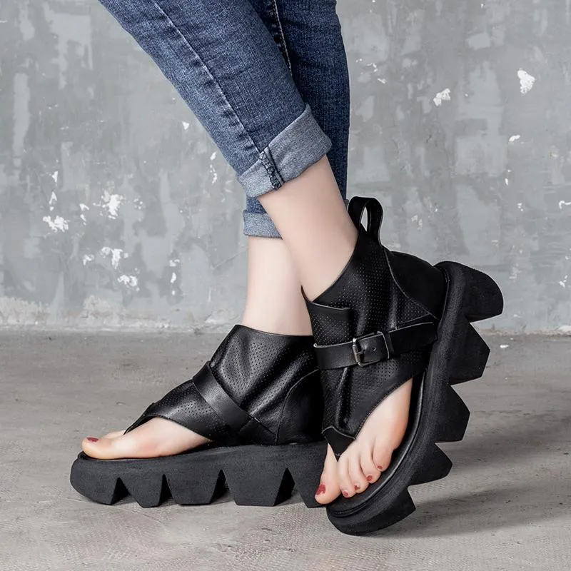 Handmade Retro Leather Platform Sandals Buckle Strap Ladies Summer Shoes