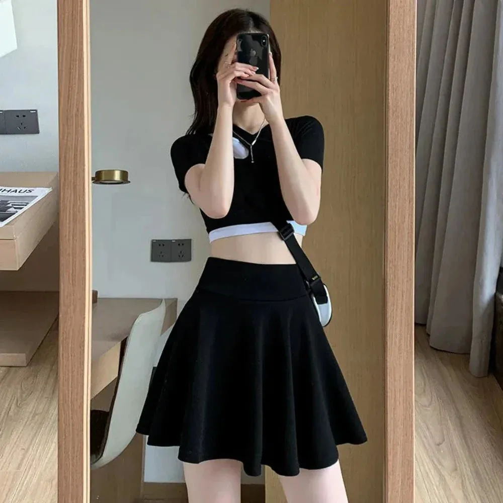 High Waste Elastic Skater Mini Skirt