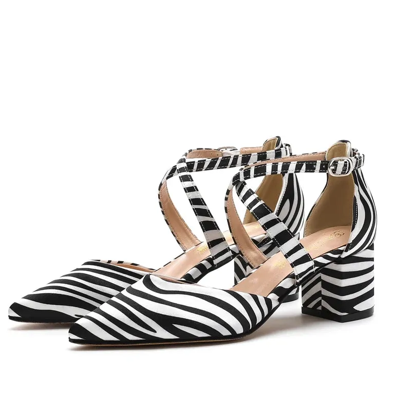 Hnzxzm New Arrivals Women's Shoes Mixed Printed Cloth Zebra Stripes Fashion Simple Retro Cloth Thick Heels Hollow out High-heeled Shoes