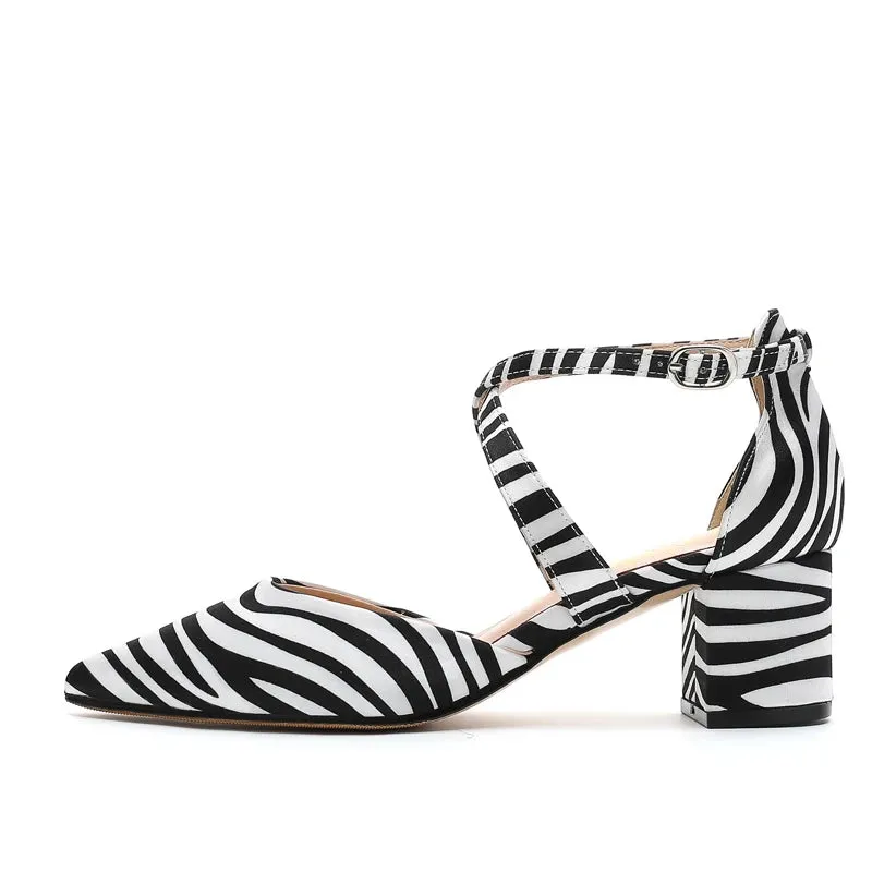 Hnzxzm New Arrivals Women's Shoes Mixed Printed Cloth Zebra Stripes Fashion Simple Retro Cloth Thick Heels Hollow out High-heeled Shoes