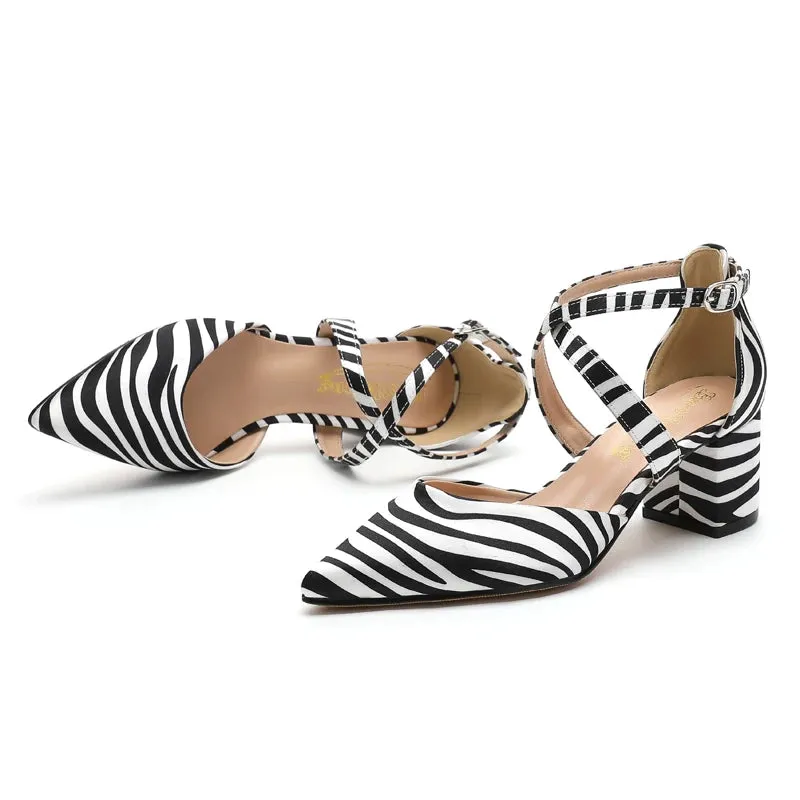 Hnzxzm New Arrivals Women's Shoes Mixed Printed Cloth Zebra Stripes Fashion Simple Retro Cloth Thick Heels Hollow out High-heeled Shoes