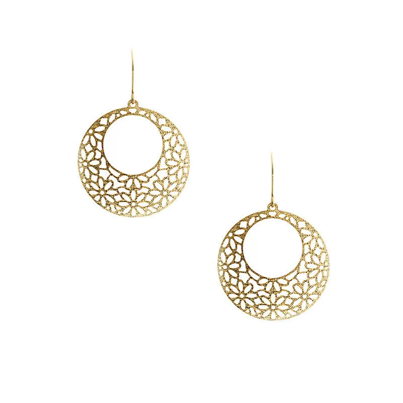 Italian gold yellow gold flower hoop earrings