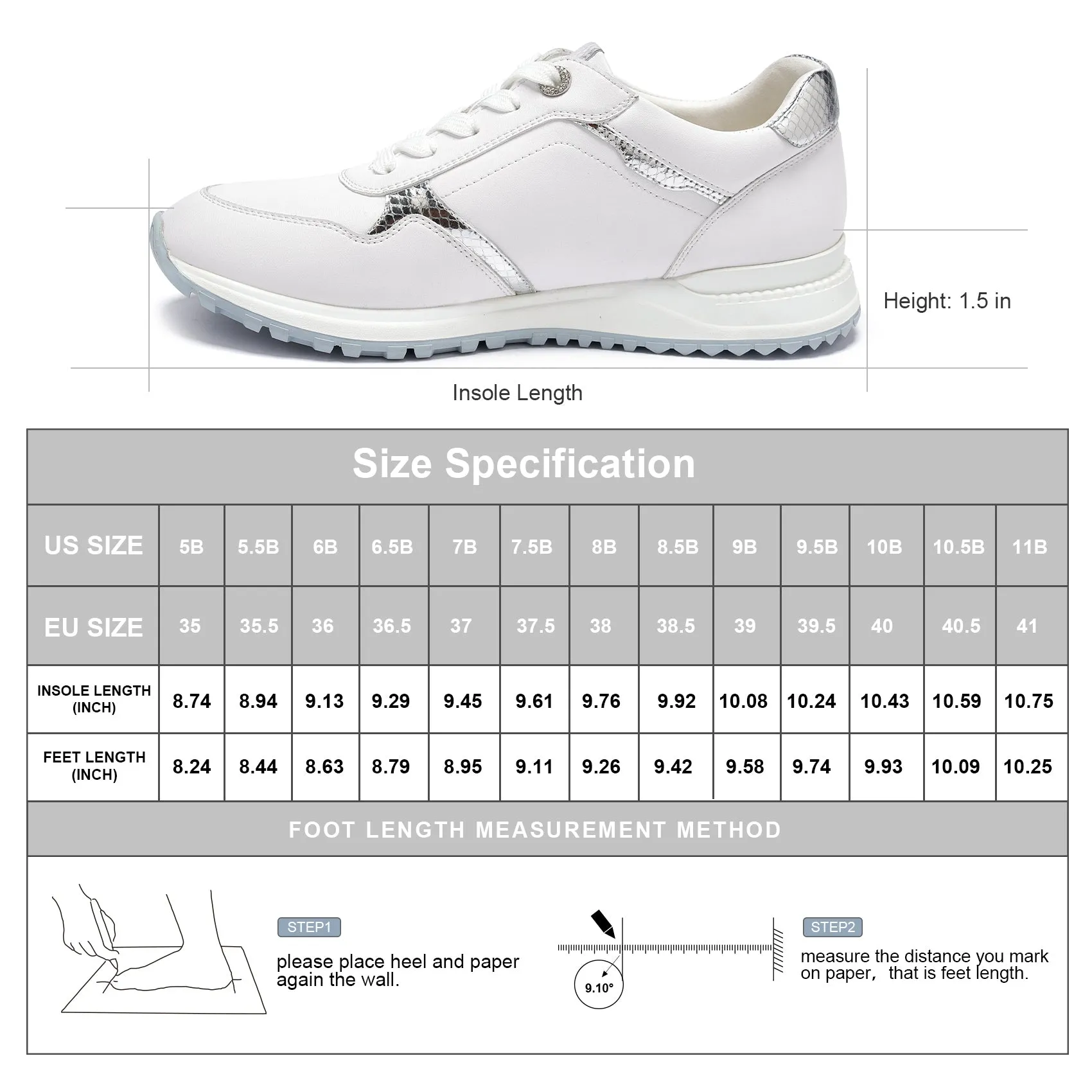 Jackie Shi Women Fashion Sneakers-LARIS-Genuine Leather Casual Sneakers, Comfortable Tennis Running Shoes, Non-Slip Memory Foam Sneaker,Urban White with Silver Metal Leather