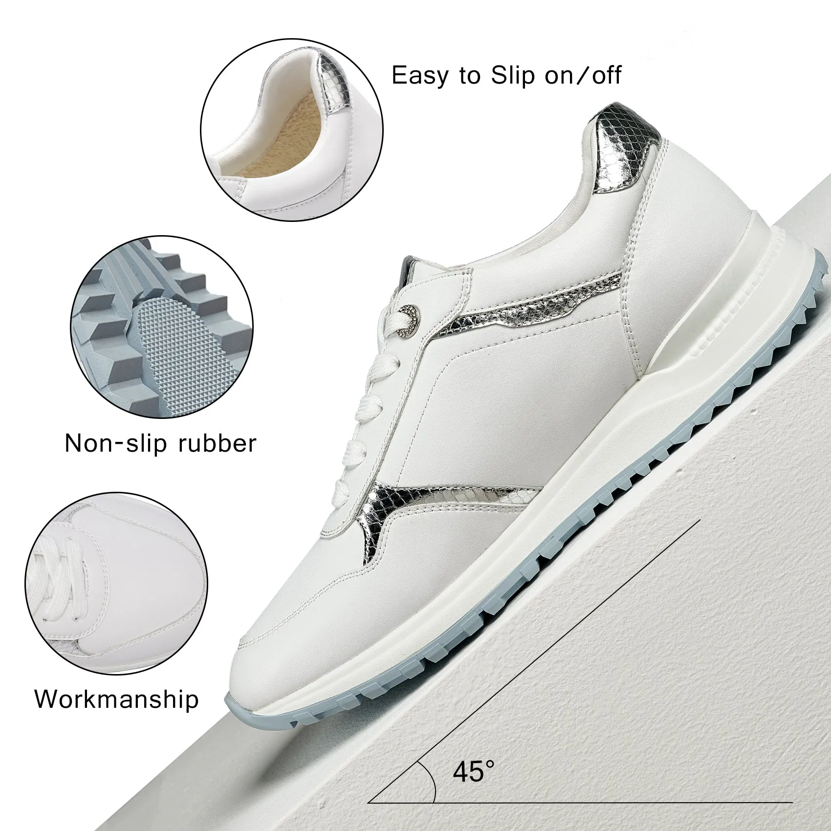 Jackie Shi Women Fashion Sneakers-LARIS-Genuine Leather Casual Sneakers, Comfortable Tennis Running Shoes, Non-Slip Memory Foam Sneaker,Urban White with Silver Metal Leather