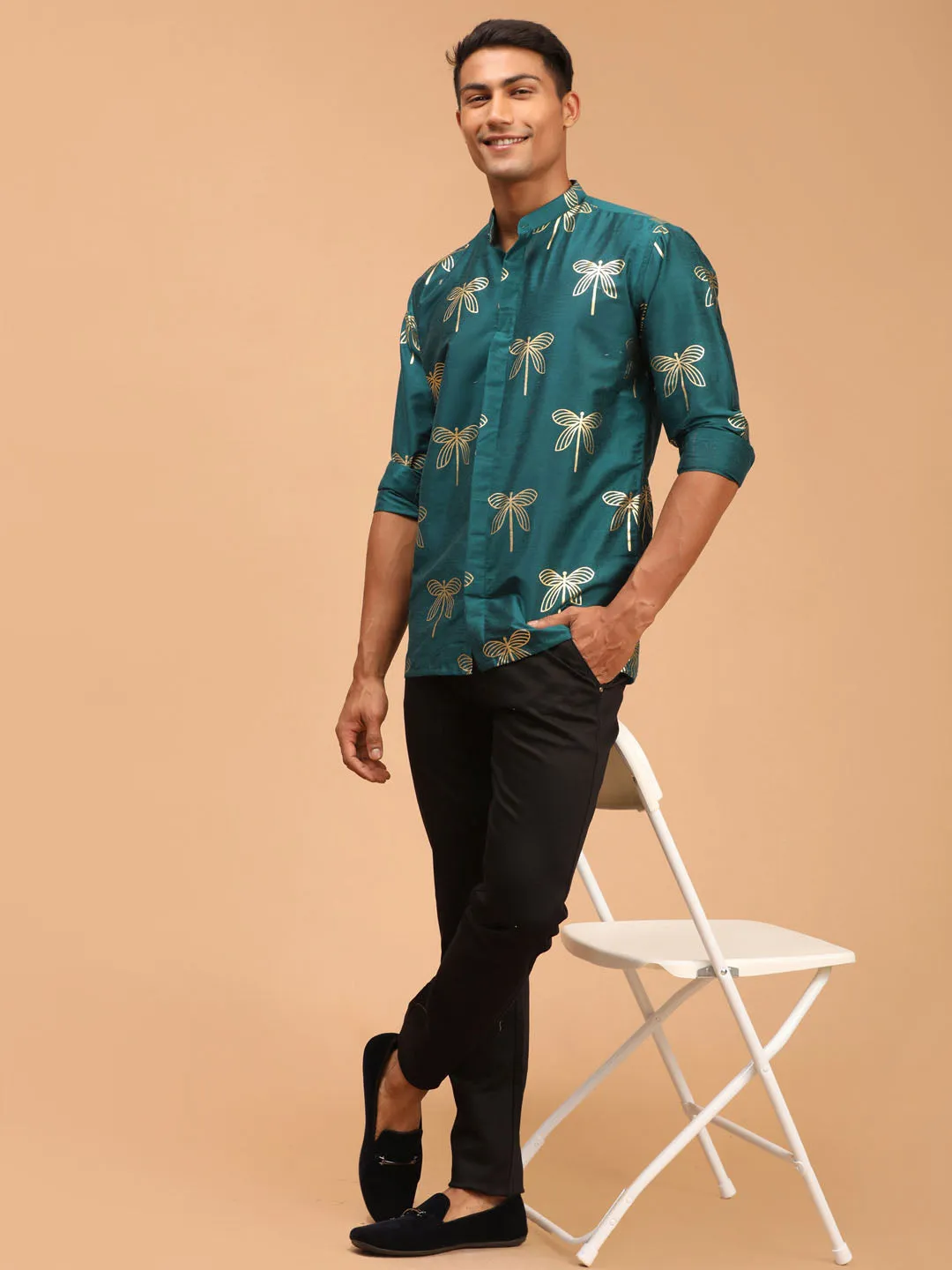 Jashvi Men's Green Foil Print Shirt