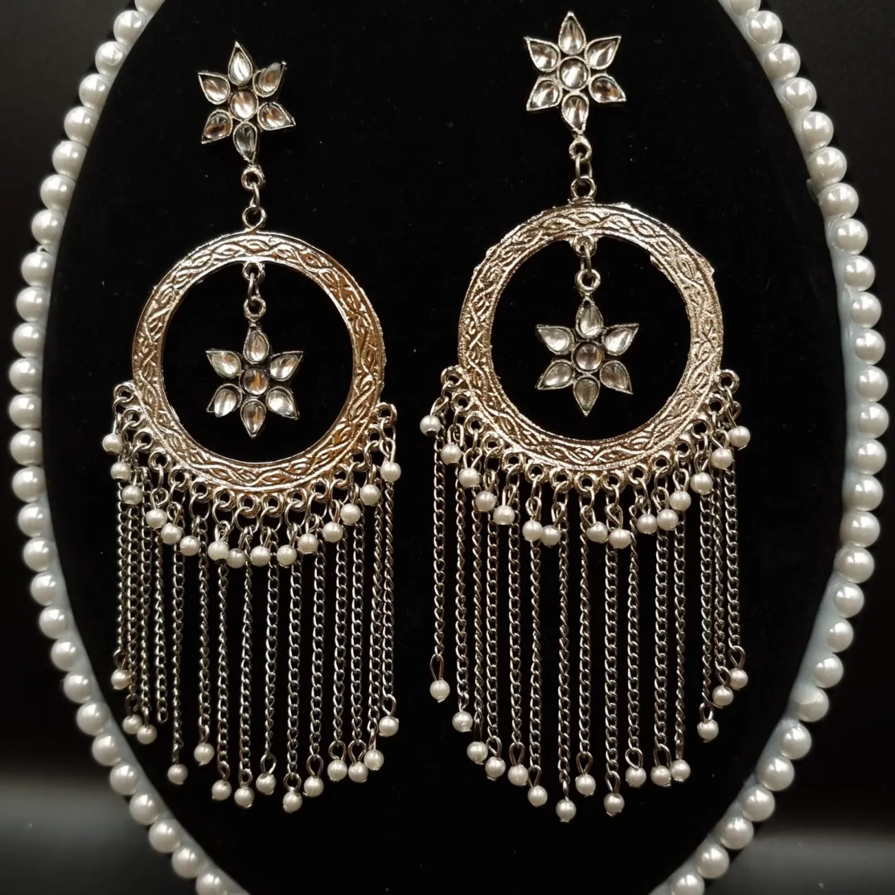 Kundan Studded Star Dangler Silver Hoop Earrings