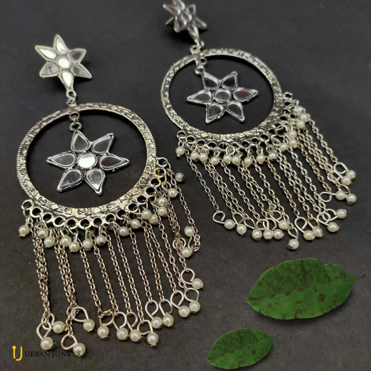 Kundan Studded Star Dangler Silver Hoop Earrings