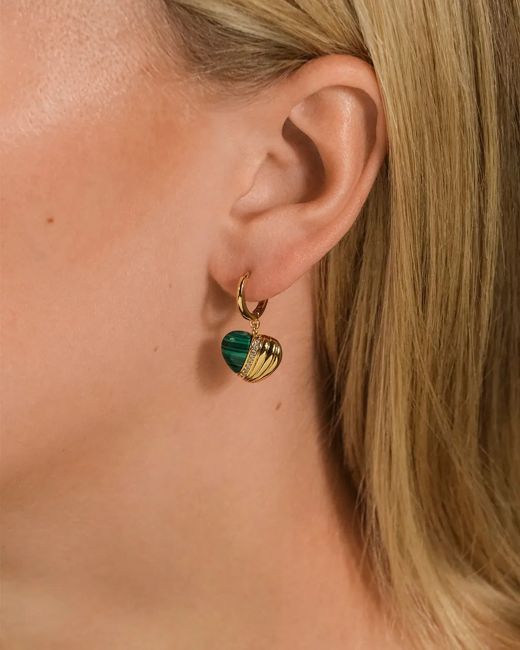 Malachite & CZ Heart Charm Hoop Earrings