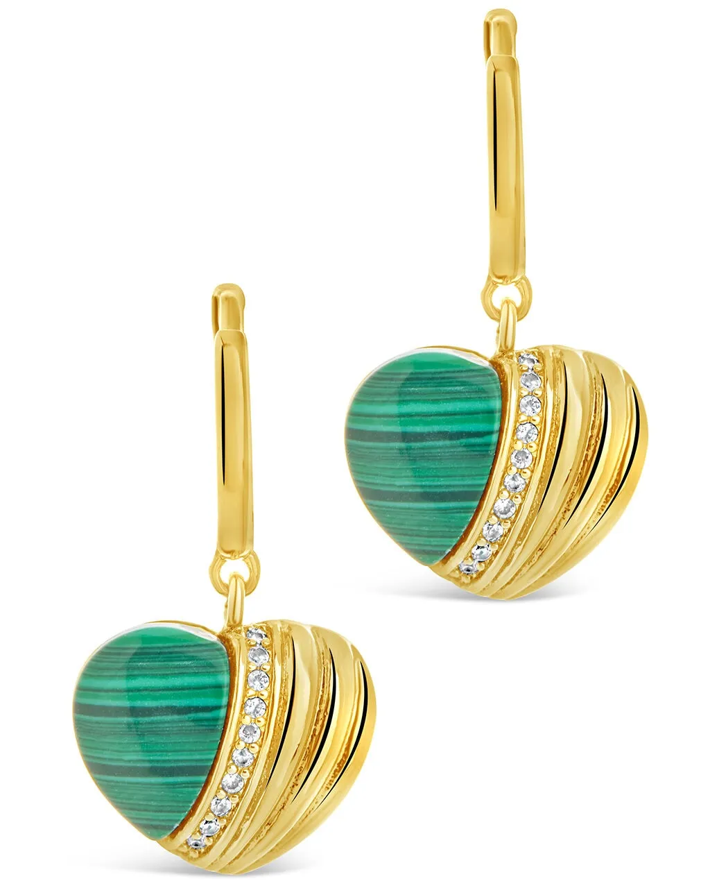 Malachite & CZ Heart Charm Hoop Earrings