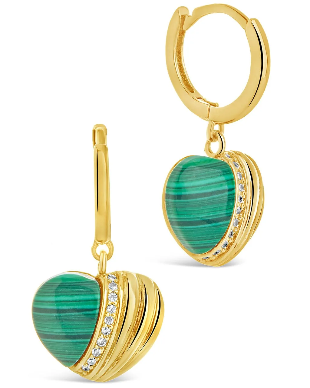 Malachite & CZ Heart Charm Hoop Earrings