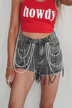 My Denim Sparkles Distressed Rhinestone Pearl Shorts