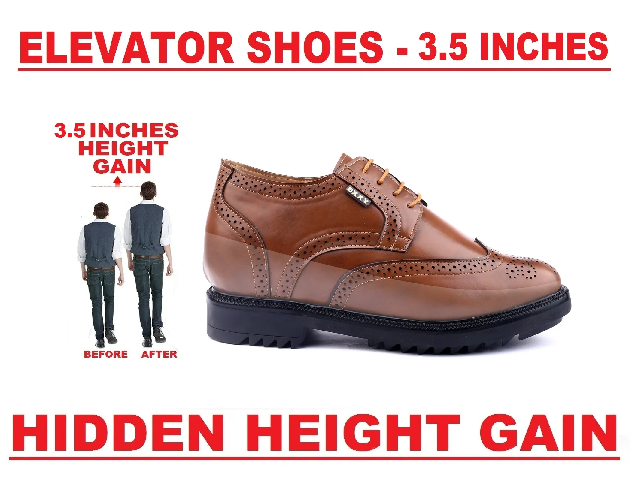 New Stylish Men's 3.5 inch Hidden Height Increasing Luxe Brogue Lace-up Shoes