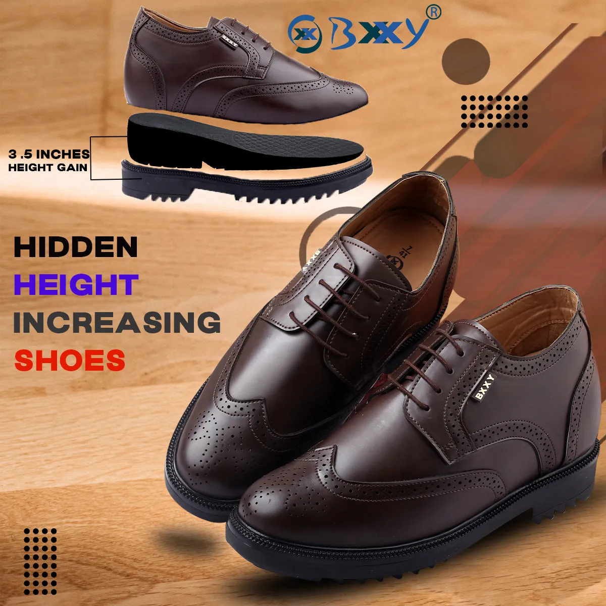 New Stylish Men's 3.5 inch Hidden Height Increasing Luxe Brogue Lace-up Shoes